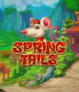 An enchanting illustration of a white rat dressed in traditional Chinese attire standing in a picturesque landscape with mountains. The image promotes the Spring Tails game by Betsoft, highlighted with prominent red and gold logo text.